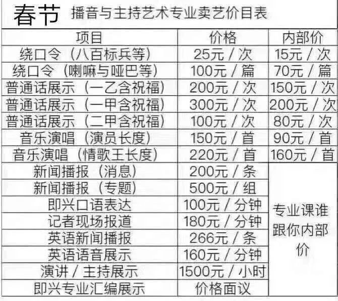 春节播音与主持艺术专业卖艺价目表